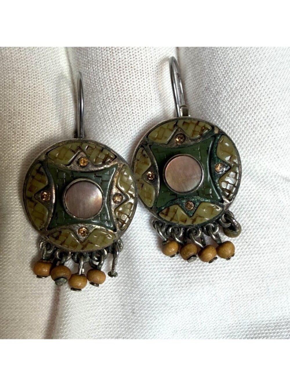 Monet Berber Style Dangle Earrings Silver Tone Enamel Inlay Boho Festival Ethnic